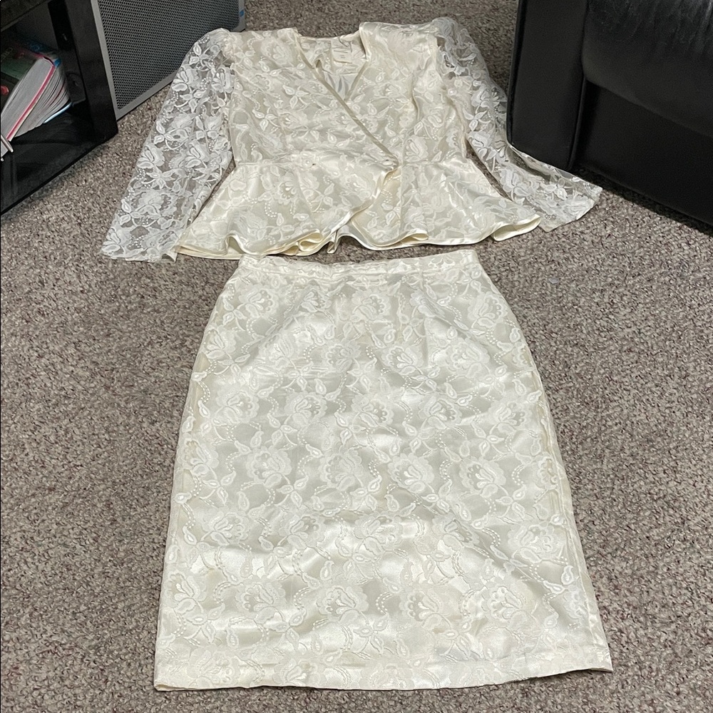 Vintage 80s white lace peplum blazer pencil Skirt Suit with satin bow back